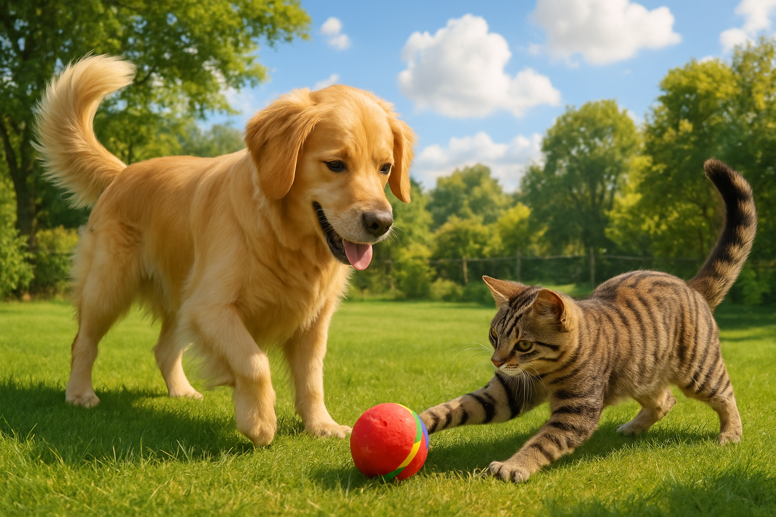 Create a realistic landscape image of a dog and a cat playing with a toy together outside